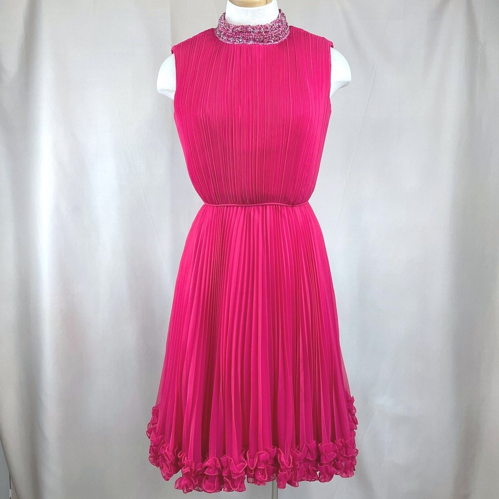 Vintage Womens S/M 60s Pink Pleated Dress Jeweled Circle Flare Rockabilly Atomic